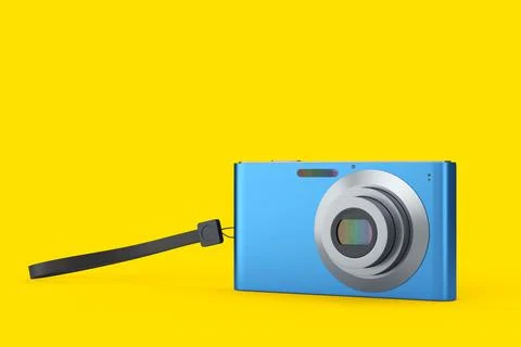 Stylish blue compact pocket digital camera isolated on yellow background Illustrazione stock
