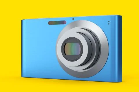 Stylish blue compact pocket digital camera isolated on yellow background Stock Illustration