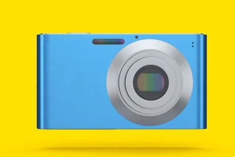 Stylish blue compact pocket digital camera isolated on yellow background Illustrazione stock