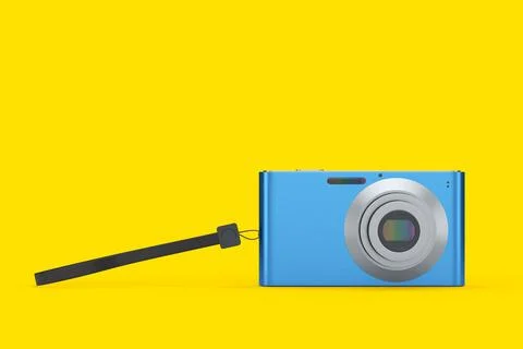 Stylish blue compact pocket digital camera isolated on yellow background Illustrazione stock