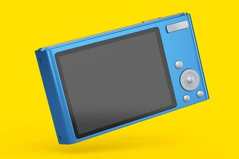 Stylish blue compact pocket digital camera isolated on yellow background Stock Illustration