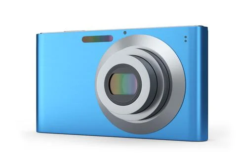Stylish blue compact pocket digital camera isolated on white background Illustrazione stock