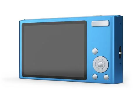 Stylish blue compact pocket digital camera isolated on white background Illustrazione stock