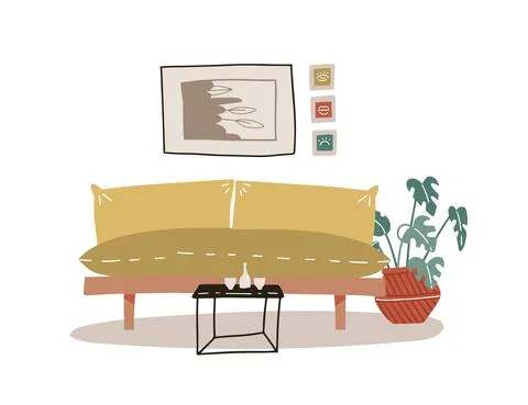 Stylish boho interior with comfy yellow couch, home plant and coffee table. Cozy Stock Illustration