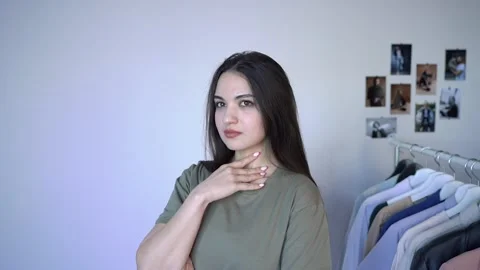 Stylish Brunette  Thinking About Something Pleasant  Indoor at Dressing room Stock Footage 148126783