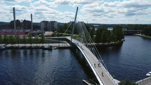 Stylish cable-stayed pedestrian Laukonsilta bridge in Tampere, Finland Stock Footage 288054039