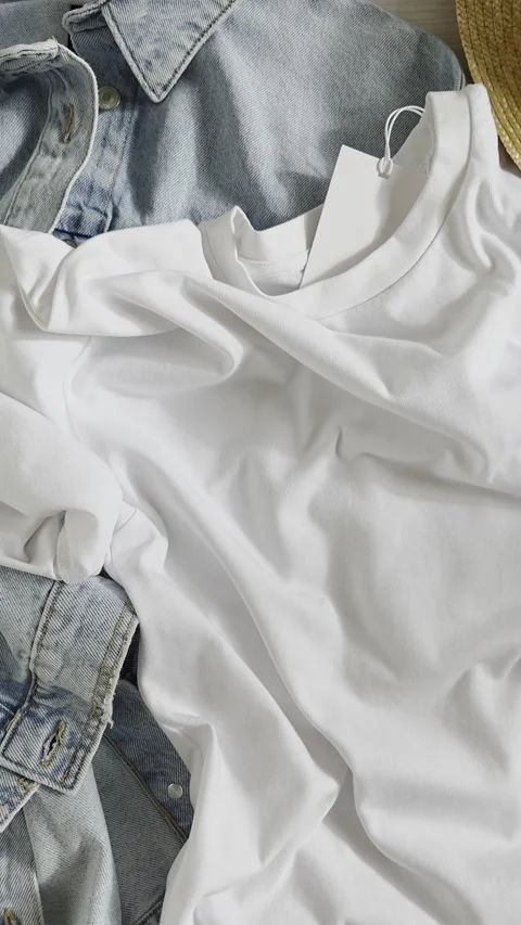 Stylish casual clothes top view close up. Fashion t-shirt mockup with label, jea Stock Footage 340842377