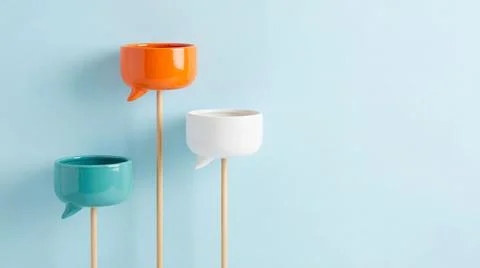 Stylish ceramic planters shaped like speech bubbles against vast light blue.. Stock Illustration