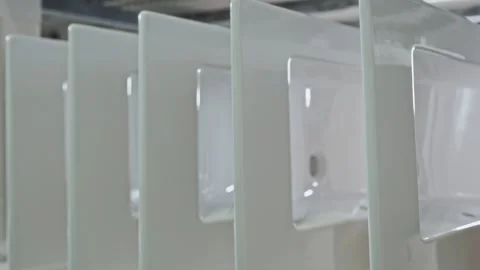 Stylish ceramic sinks are stacked on a rack in a sanitary ware production Stock Footage 253390483