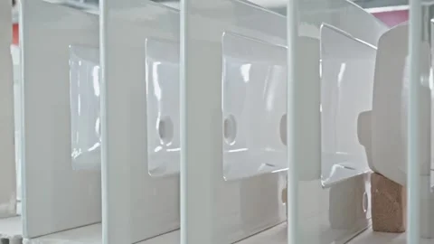 Stylish ceramic sinks are stacked on a rack in a sanitary ware production Stock Footage 253694541