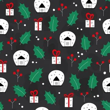 Stylish Christmas pattern with snow balls, gifts, hollies for winter package Stock Illustration
