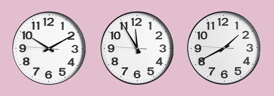 Stylish clock showing different time on pale pink background, collage design Stock Photos
