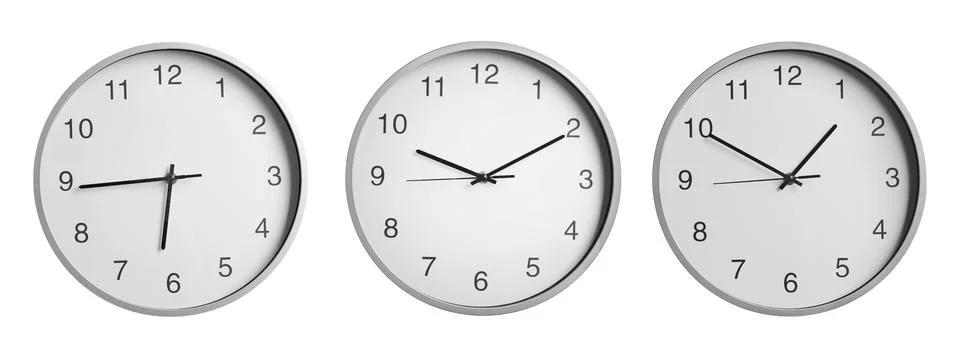 Stylish clock showing different time on white background, collage design Foto stock