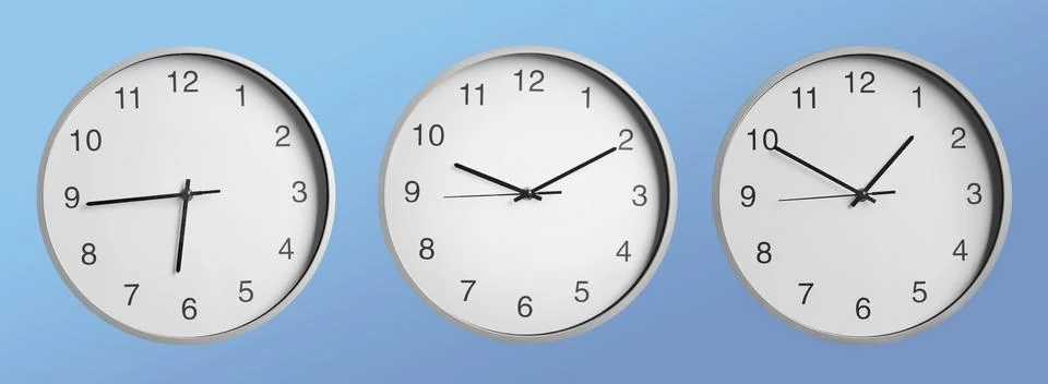 Stylish clock showing different time on light blue background, collage design Stock Photos