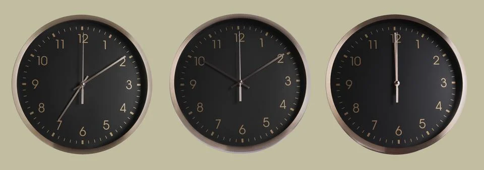 Stylish clock showing different time on color background, collage design Stock Photos