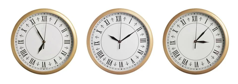 Stylish clock showing different time on white background, collage design 库存照片