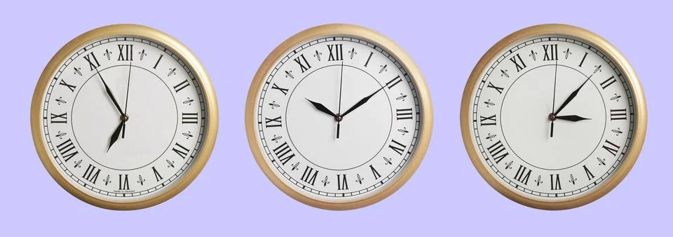 Stylish clock showing different time on pale purple background, collage desig Stock Photos