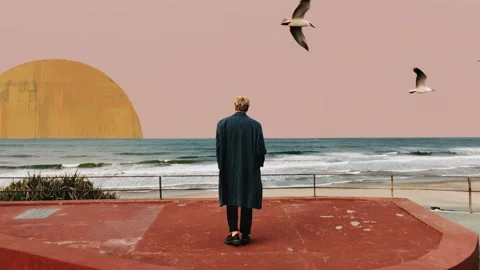Stylish collage-style image of a man by the sea with flying birds and sun Stock Footage 315208311