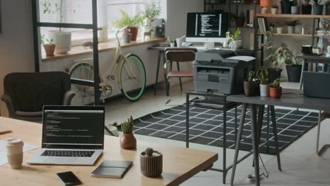 Stylish Comfortable Office Interior with Computer Displaying Code Stock Footage 306208515