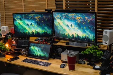 Stylish computer desk setup with dual monitors, a microphone. Foto stock