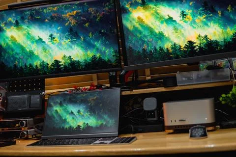 Stylish computer desk setup with dual monitors, a microphone. Foto stock