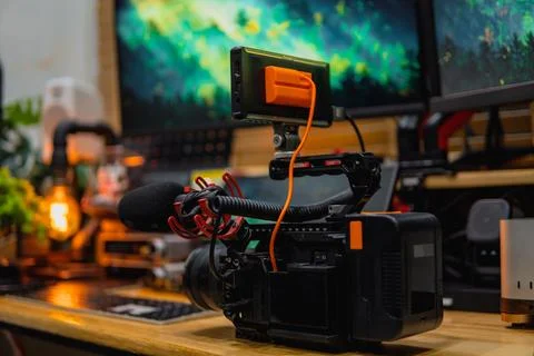 Stylish computer desk setup with dual monitors, a microphone. Stock Photos