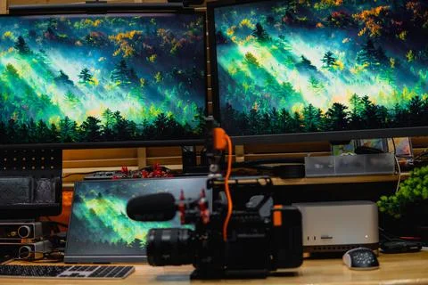 Stylish computer desk setup with dual monitors, a microphone. Foto stock