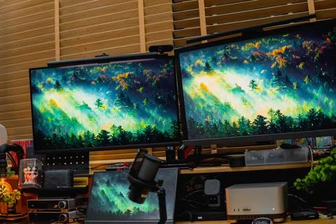 Stylish computer desk setup with dual monitors, a microphone. Stock Photos