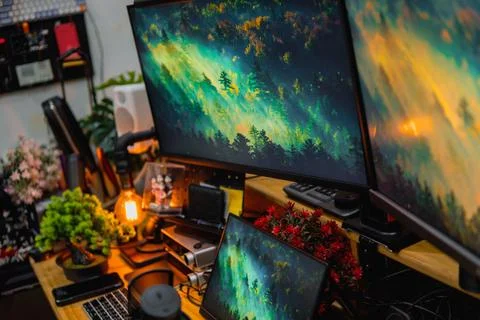 Stylish computer desk setup with dual monitors, a microphone. Foto stock