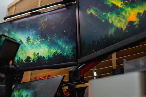 Stylish computer desk setup with dual monitors, a microphone. Foto stock