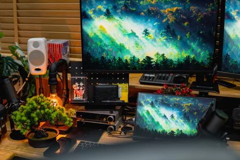 Stylish computer desk setup with dual monitors, a microphone. Stock Photos