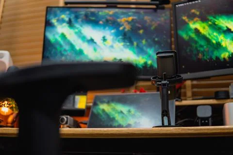 Stylish computer desk setup with dual monitors, a microphone. Foto stock