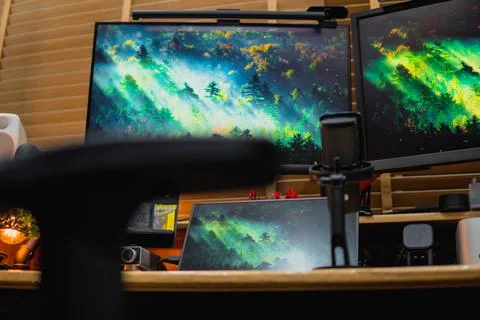 Stylish computer desk setup with dual monitors, a microphone. Foto stock