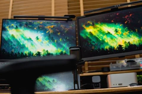 Stylish computer desk setup with dual monitors, a microphone. Foto stock