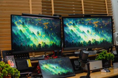 Stylish computer desk setup with dual monitors, a microphone. Foto stock