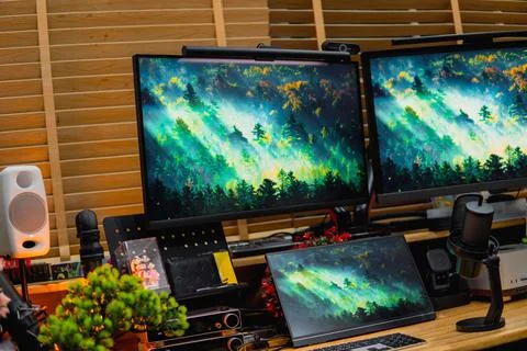 Stylish computer desk setup with dual monitors, a microphone. Foto stock
