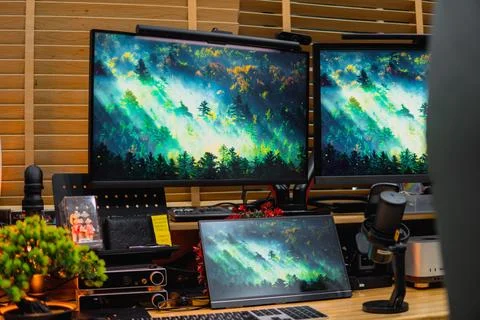Stylish computer desk setup with dual monitors, a microphone. Foto stock
