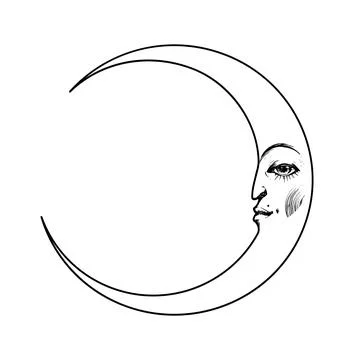 Stylish crescent moon with face, celestial outline tattoo, black and white lo Ilustração Stock