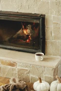 Stylish cup of warm tea on background of burning fireplace close up, autumn.. Stock Photos