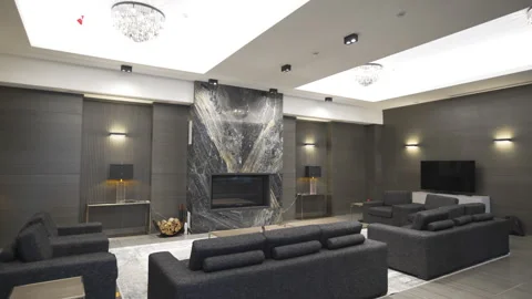 Stylish dark room features geometric design with sharp lines Stock Footage 321947032
