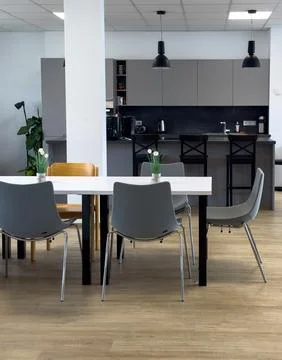Stylish dining room interior with table, gray chairs and minimalist accessori Stock Photos