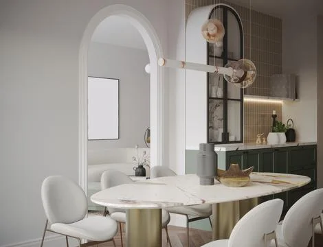 Stylish Dining table in white theme home decoration item placement ideas 3D Stock-Illustration