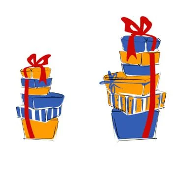 Stylish drawing sketch gift boxes packaging in orange and blue color for Illustrazione stock