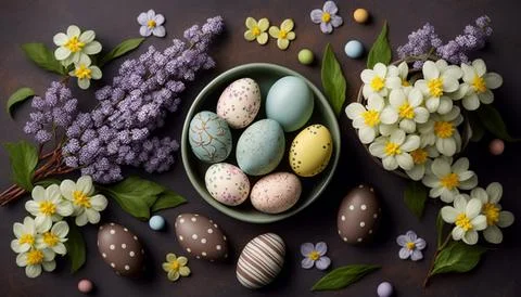 Stylish Easter eggs and blooming spring flowers on the background. Rustic E.. Stock Illustration