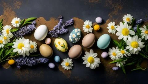 Stylish Easter eggs and blooming spring flowers on the background. Rustic E.. Stock Illustration