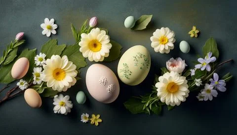 Stylish Easter eggs and blooming spring flowers on the background. Rustic E.. Stock Illustration