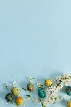 Stylish easter eggs and blooming flowers on blue background flat lay. Happy.. Stock Photos