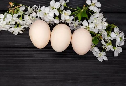 Stylish easter eggs with cherry flowers branch on wooden background 스톡 사진