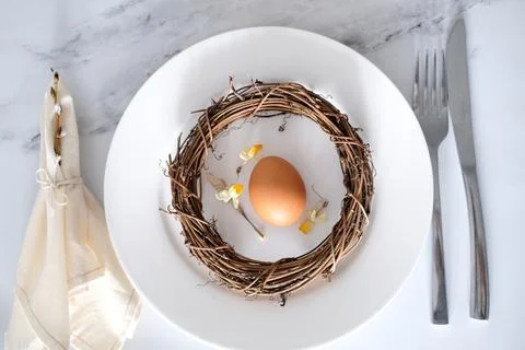 Stylish Easter table setting flat lay. Modern Easter table decoration Stock Photos
