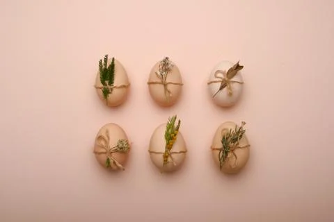 Stylish eggs with decorative elements on beige background. Stock Photos
